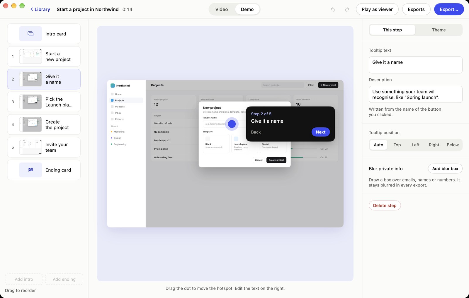 Glido's demo editor with steps named from clicks