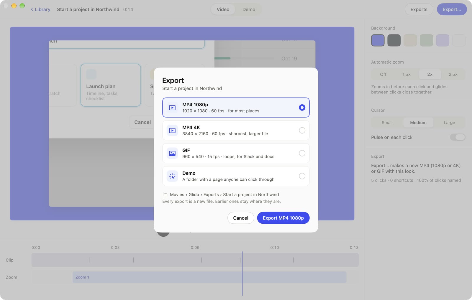 Glido's Export sheet: MP4 1080p, MP4 4K, GIF, Demo